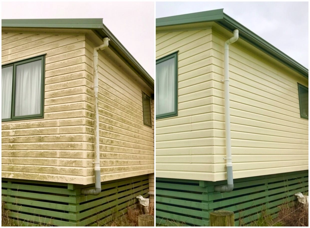 before and after photos of a house being washed