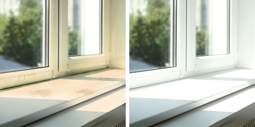 before and after images of a windowsill